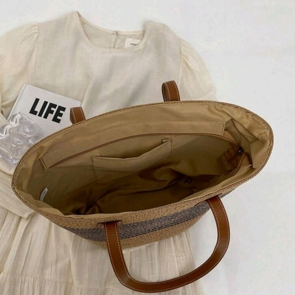 New Striped Straw Woven Tote Bag Purse For Vacations Summer Beach For W… - Picture 4 of 5